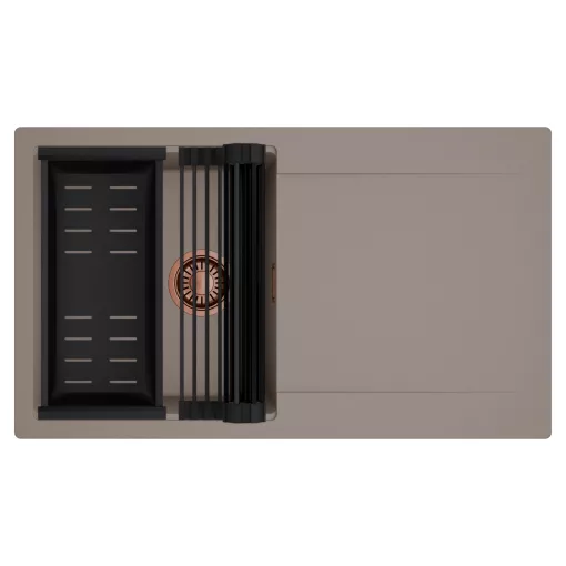 HD Onyx Tortora 86 egymedencés mosogatótálca szett, matt fekete csepegtetőráccsal és kosárral, csepegtetőtálcával, tortora színben, szálcsiszolt réz leeresztő szifonnal