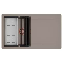 HD Onyx Tortora 86 egymedencés mosogatótálca szett, matt fekete csepegtetőráccsal és krómozott kosárral, csepegtetőtálcával, tortora színben, szálcsiszolt réz leeresztő szifonnal