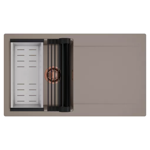 HD Onyx Tortora 86 egymedencés mosogatótálca szett, matt fekete csepegtetőráccsal és krómozott kosárral, csepegtetőtálcával, tortora színben, szálcsiszolt réz leeresztő szifonnal