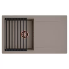 HD Onyx Tortora 86 egymedencés mosogatótálca szett, matt fekete csepegtetőráccsal, csepegtetőtálcával, tortora színben, szálcsiszolt réz leeresztő szifonnal