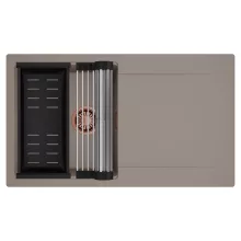 HD Onyx Tortora 86 egymedencés mosogatótálca szett, acél csepegtetőráccsal és matt fekete kosárral, csepegtetőtálcával, tortora színben, szálcsiszolt réz leeresztő szifonnal