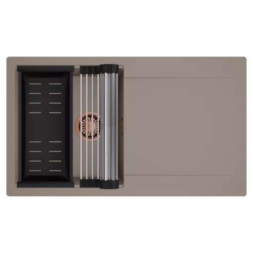 HD Onyx Tortora 86 egymedencés mosogatótálca szett, acél csepegtetőráccsal és matt fekete kosárral, csepegtetőtálcával, tortora színben, szálcsiszolt réz leeresztő szifonnal