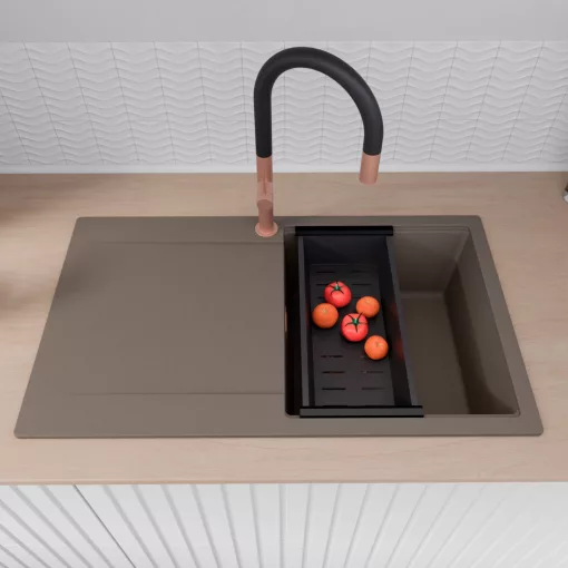 HD Onyx Tortora 86 egymedencés mosogatótálca szett, acél csepegtetőráccsal és matt fekete kosárral, csepegtetőtálcával, tortora színben, szálcsiszolt réz leeresztő szifonnal