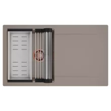 HD Onyx Tortora 86 egymedencés mosogatótálca szett, acél csepegtetőráccsal és kosárral, csepegtetőtálcával, tortora színben, szálcsiszolt réz leeresztő szifonnal