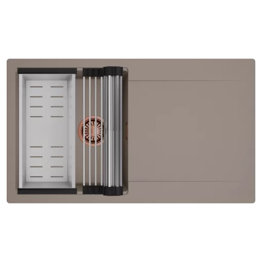 HD Onyx Tortora 86 egymedencés mosogatótálca szett, acél csepegtetőráccsal és kosárral, csepegtetőtálcával, tortora színben, szálcsiszolt réz leeresztő szifonnal