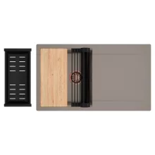 HD Onyx Tortora 86 egymedencés gránit mosogatótálca szett, csepegtetőtálcával, vágódeszkával, matt fekete csepegtetőráccsal és kosárral, tortora színben, szálcsiszolt réz leeresztő szifonnal