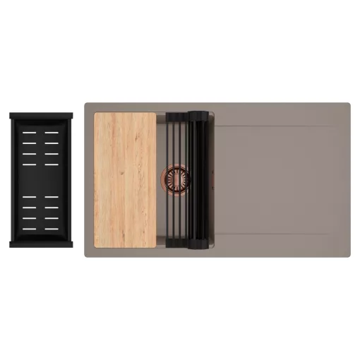 HD Onyx Tortora 86 egymedencés gránit mosogatótálca szett, csepegtetőtálcával, vágódeszkával, matt fekete csepegtetőráccsal és kosárral, tortora színben, szálcsiszolt réz leeresztő szifonnal