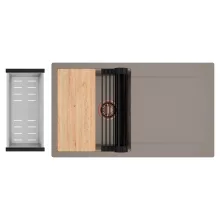 HD Onyx Tortora 86 egymedencés gránit mosogatótálca szett, csepegtetőtálcával, vágódeszkával, matt fekete csepegtetőráccsal és krómozott kosárral, tortora színben, szálcsiszolt réz leeresztő szifonnal