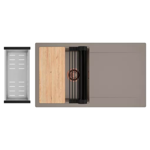 HD Onyx Tortora 86 egymedencés gránit mosogatótálca szett, csepegtetőtálcával, vágódeszkával, matt fekete csepegtetőráccsal és krómozott kosárral, tortora színben, szálcsiszolt réz leeresztő szifonnal