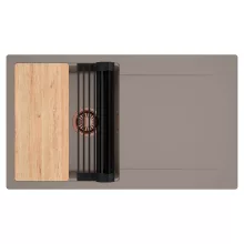 HD Onyx Tortora 86 egymedencés gránit mosogatótálca szett, csepegtetőtálcával, vágódeszkával, matt fekete csepegtetőráccsal, tortora színben, szálcsiszolt réz leeresztő szifonnal