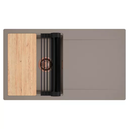 HD Onyx Tortora 86 egymedencés gránit mosogatótálca szett, csepegtetőtálcával, vágódeszkával, matt fekete csepegtetőráccsal, tortora színben, szálcsiszolt réz leeresztő szifonnal