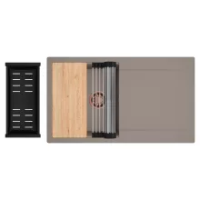 HD Onyx Tortora 86 egymedencés gránit mosogatótálca szett, csepegtetőtálcával, vágódeszkával, acél csepegtetőráccsal és matt fekete kosárral, tortora színben, szálcsiszolt réz leeresztő szifonnal