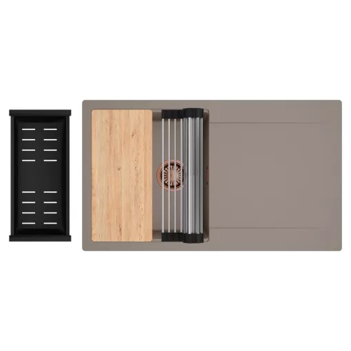 HD Onyx Tortora 86 egymedencés gránit mosogatótálca szett, csepegtetőtálcával, vágódeszkával, acél csepegtetőráccsal és matt fekete kosárral, tortora színben, szálcsiszolt réz leeresztő szifonnal