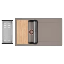 HD Onyx Tortora 86 egymedencés gránit mosogatótálca szett, csepegtetőtálcával, vágódeszkával, acél csepegtetőráccsal és kosárral, tortora színben, szálcsiszolt réz leeresztő szifonnal