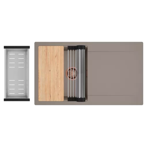 HD Onyx Tortora 86 egymedencés gránit mosogatótálca szett, csepegtetőtálcával, vágódeszkával, acél csepegtetőráccsal és kosárral, tortora színben, szálcsiszolt réz leeresztő szifonnal