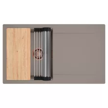 HD Onyx Tortora 86 egymedencés gránit mosogatótálca szett, csepegtetőtálcával, vágódeszkával, acél csepegtetőráccsal, tortora színben, szálcsiszolt réz leeresztő szifonnal