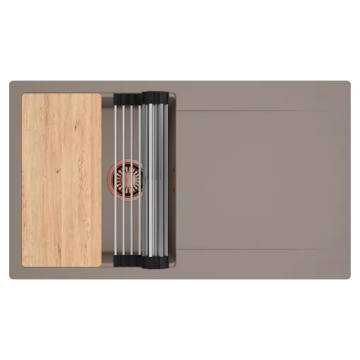 HD Onyx Tortora 86 egymedencés gránit mosogatótálca szett, csepegtetőtálcával, vágódeszkával, acél csepegtetőráccsal, tortora színben, szálcsiszolt réz leeresztő szifonnal