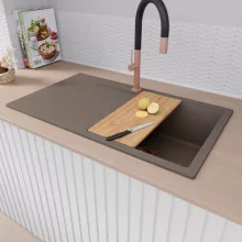 HD Onyx Tortora 86 egymedencés gránit mosogatótálca szett, csepegtetőtálcával, vágódeszkával, acél csepegtetőráccsal, tortora színben, szálcsiszolt réz leeresztő szifonnal