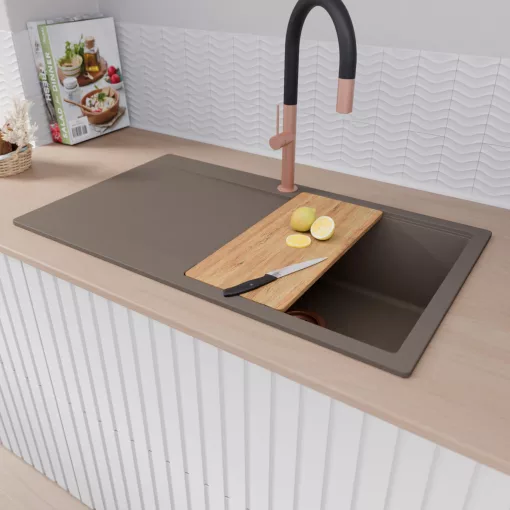 HD Onyx Tortora 86 egymedencés gránit mosogatótálca szett, csepegtetőtálcával, vágódeszkával, acél csepegtetőráccsal, tortora színben, szálcsiszolt réz leeresztő szifonnal