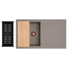 HD Onyx Tortora 86 egymedencés gránit mosogatótálca szett, csepegtetőtálcával, vágódeszkával, matt fekete csepegtetőkosárral, tortora színben, szálcsiszolt réz leeresztő szifonnal