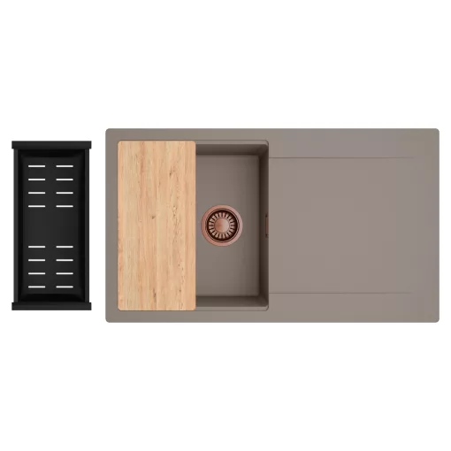 HD Onyx Tortora 86 egymedencés gránit mosogatótálca szett, csepegtetőtálcával, vágódeszkával, matt fekete csepegtetőkosárral, tortora színben, szálcsiszolt réz leeresztő szifonnal