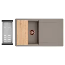 HD Onyx Tortora 86 egymedencés gránit mosogatótálca szett, csepegtetőtálcával, vágódeszkával, acél csepegtetőkosárral, tortora színben, szálcsiszolt réz leeresztő szifonnal