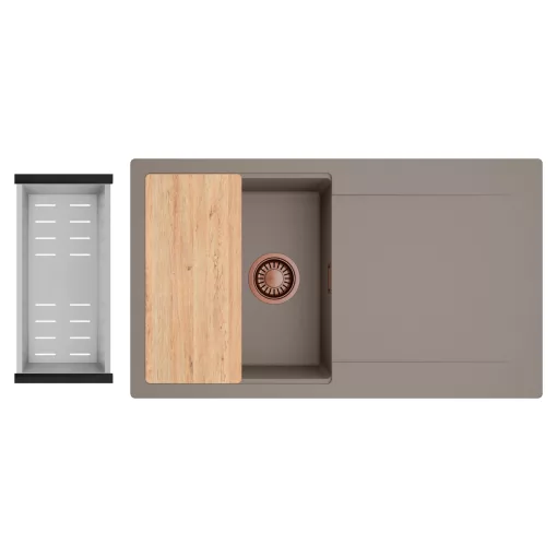 HD Onyx Tortora 86 egymedencés gránit mosogatótálca szett, csepegtetőtálcával, vágódeszkával, acél csepegtetőkosárral, tortora színben, szálcsiszolt réz leeresztő szifonnal