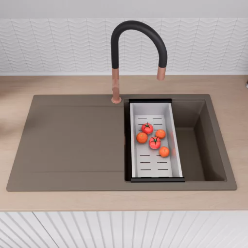 HD Onyx Tortora 86 egymedencés gránit mosogatótálca szett, csepegtetőtálcával, vágódeszkával, acél csepegtetőkosárral, tortora színben, szálcsiszolt réz leeresztő szifonnal