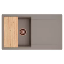 HD Onyx Tortora 86 egymedencés gránit mosogatótálca, vágódeszkával, tortora színben, szálcsiszolt réz leeresztő szifonnal