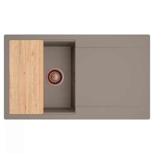 HD Onyx Tortora 86 egymedencés gránit mosogatótálca, vágódeszkával, tortora színben, szálcsiszolt réz leeresztő szifonnal