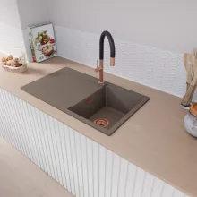 HD Onyx Tortora 86 egymedencés gránit mosogatótálca, vágódeszkával, tortora színben, szálcsiszolt réz leeresztő szifonnal