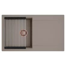 HD Onyx Tortora 86 egymedencés mosogatótálca szett, acél csepegtetőráccsal, csepegtetőtálcával, tortora színben, szálcsiszolt réz leeresztő szifonnal