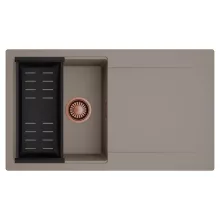 HD Onyx Tortora 86 egymedencés mosogatótálca szett, matt fekete csepegtetőkosárral, csepegtetőtálcával, tortora színben, szálcsiszolt réz leeresztő szifonnal