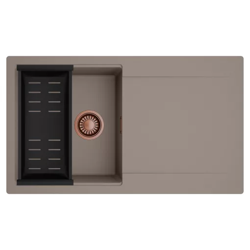 HD Onyx Tortora 86 egymedencés mosogatótálca szett, matt fekete csepegtetőkosárral, csepegtetőtálcával, tortora színben, szálcsiszolt réz leeresztő szifonnal