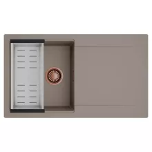 HD Onyx Tortora 86 egymedencés mosogatótálca szett, acél csepegtetőkosárral, csepegtetőtálcával, tortora színben, szálcsiszolt réz leeresztő szifonnal