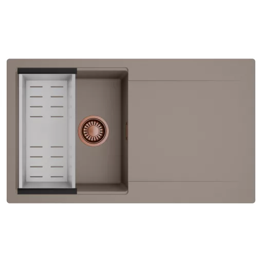 HD Onyx Tortora 86 egymedencés mosogatótálca szett, acél csepegtetőkosárral, csepegtetőtálcával, tortora színben, szálcsiszolt réz leeresztő szifonnal