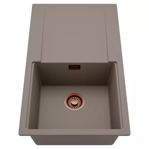 HD Onyx Tortora 86 egymedencés mosogatótálca, csepegtetőtálcával, tortora színben, szálcsiszolt réz leeresztő szifonnal