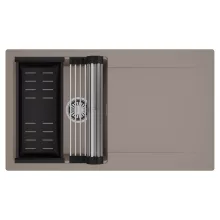 HD Onyx Tortora 86 egymedencés mosogatótálca szett, acél csepegtetőráccsal és matt fekete kosárral, csepegtetőtálcával, tortora színben