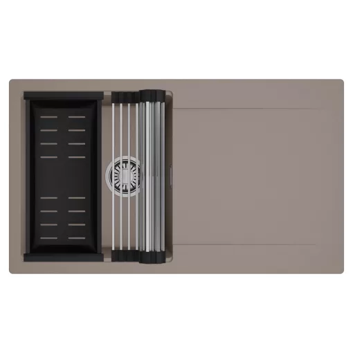 HD Onyx Tortora 86 egymedencés mosogatótálca szett, acél csepegtetőráccsal és matt fekete kosárral, csepegtetőtálcával, tortora színben