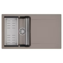 HD Onyx Tortora 86 egymedencés mosogatótálca szett, acél csepegtetőráccsal és kosárral, csepegtetőtálcával, tortora színben