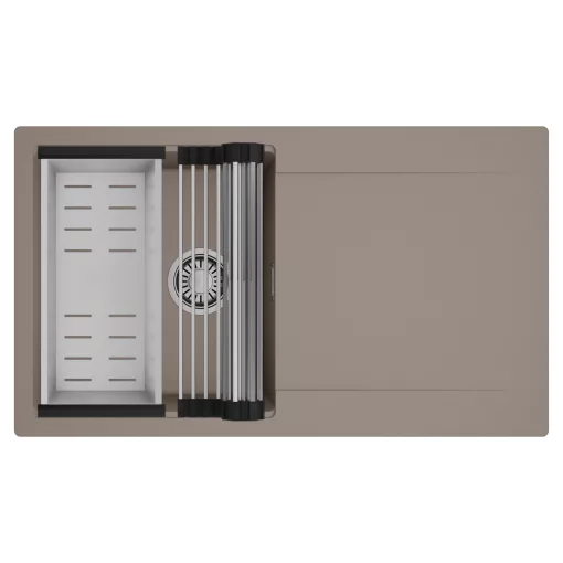 HD Onyx Tortora 86 egymedencés mosogatótálca szett, acél csepegtetőráccsal és kosárral, csepegtetőtálcával, tortora színben