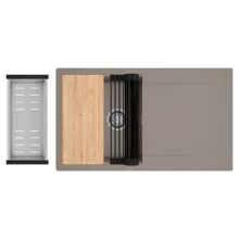 HD Onyx Tortora 86 egymedencés gránit mosogatótálca szett, csepegtetőtálcával, vágódeszkával, matt fekete csepegtetőráccsal és krómozott kosárral, tortora színben