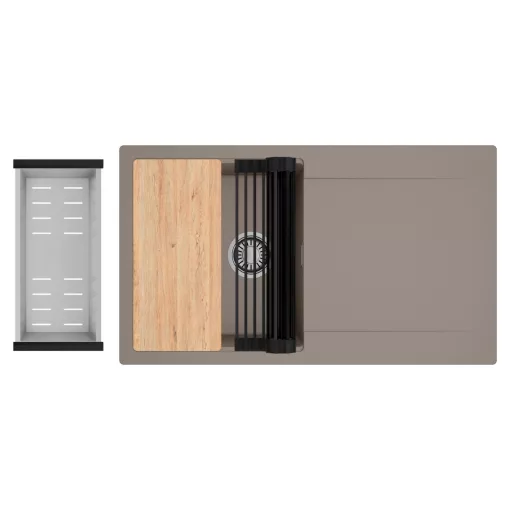 HD Onyx Tortora 86 egymedencés gránit mosogatótálca szett, csepegtetőtálcával, vágódeszkával, matt fekete csepegtetőráccsal és krómozott kosárral, tortora színben