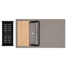 HD Onyx Tortora 86 egymedencés gránit mosogatótálca szett, csepegtetőtálcával, vágódeszkával, acél csepegtetőráccsal és matt fekete kosárral, tortora színben