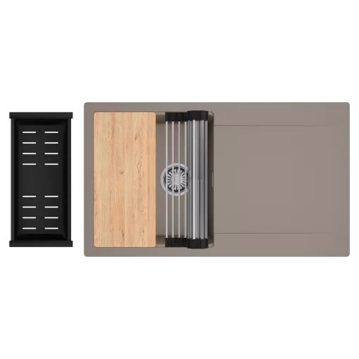 HD Onyx Tortora 86 egymedencés gránit mosogatótálca szett, csepegtetőtálcával, vágódeszkával, acél csepegtetőráccsal és matt fekete kosárral, tortora színben