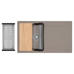   HD Onyx Tortora 86 egymedencés gránit mosogatótálca szett, csepegtetőtálcával, vágódeszkával, acél csepegtetőráccsal és kosárral, tortora színben