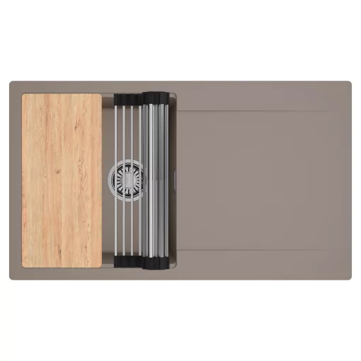 HD Onyx Tortora 86 egymedencés gránit mosogatótálca szett, csepegtetőtálcával, vágódeszkával, acél csepegtetőráccsal, tortora színben