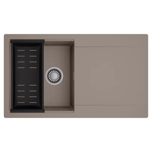 HD Onyx Tortora 86 egymedencés mosogatótálca szett, matt fekete csepegtetőkosárral, csepegtetőtálcával, tortora színben