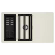 HD Onyx White 86-XL egymedencés mosogatótálca szett, matt fekete csepegtetőráccsal és kosárral, csepegtetőtálcával, tört fehér színben, szálcsiszolt króm leeresztő szifonnal