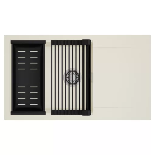 HD Onyx White 86-XL egymedencés mosogatótálca szett, matt fekete csepegtetőráccsal és kosárral, csepegtetőtálcával, tört fehér színben, szálcsiszolt króm leeresztő szifonnal